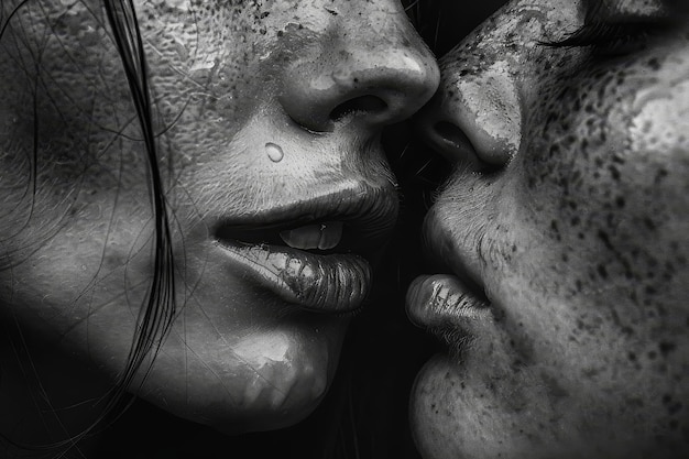 Black and white image of two peoples lips locked in a kiss Soft kisses on upturned faces