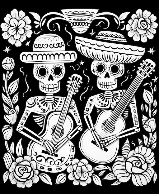 a black and white image of two skeletons and a guitar