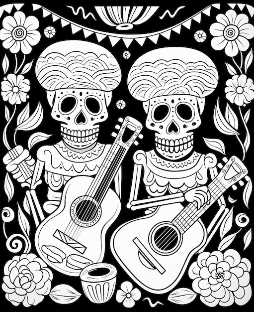 a black and white image of two skulls and a guitar