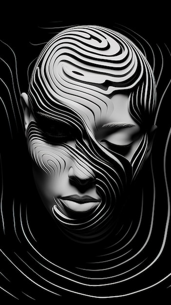 A black and white image of a woman's face with lines on it.