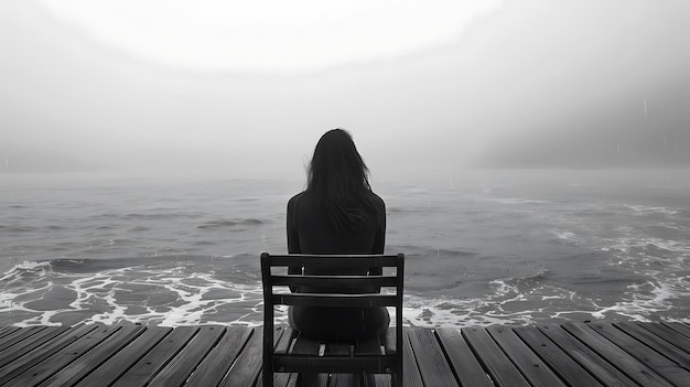 Photo black and white image of a woman sitting alone on a chair in front of the sea