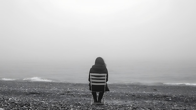 Photo black and white image of a woman sitting alone on a chair in front of the sea