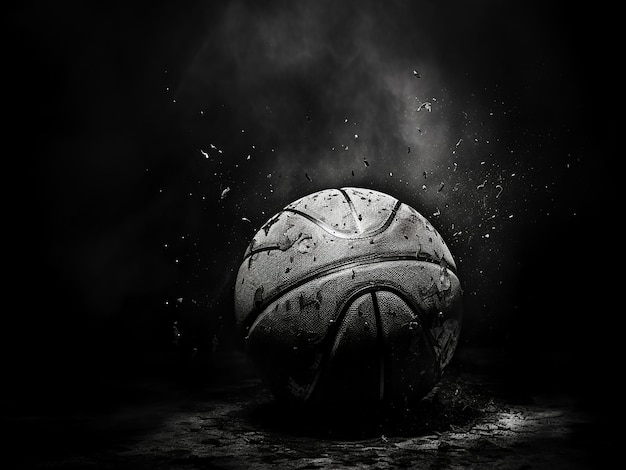 Photo black and white image of a wornout basketball