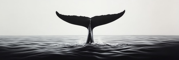 Photo a black and white ink drawing of a whale tail breaking the surface of the water this minimalis