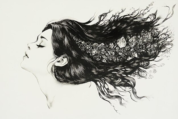 Photo black and white ink drawing of a woman with flowing hair and flowers