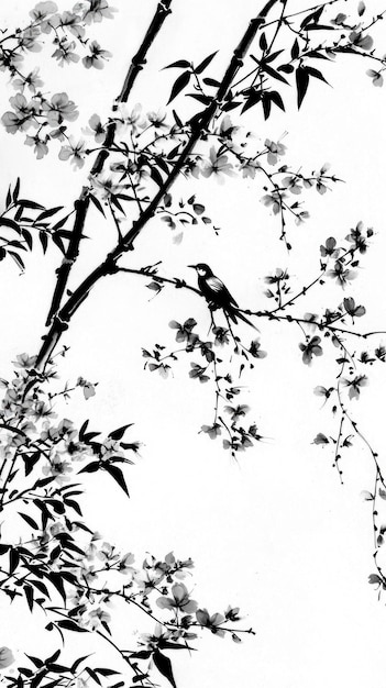 Black and White Ink Painting of a Bird on a Branch with Blossoms