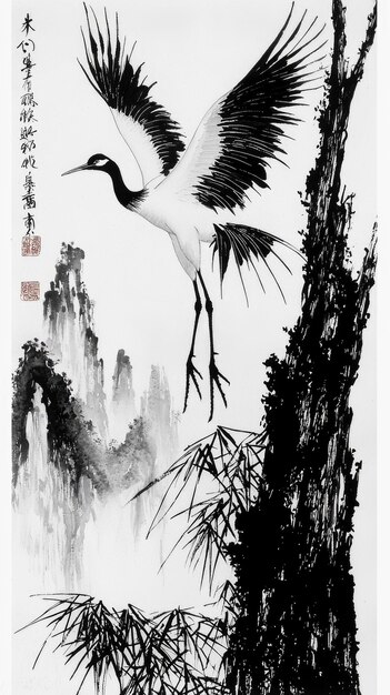 Photo black and white ink painting of a crane flying over a mountain landscape