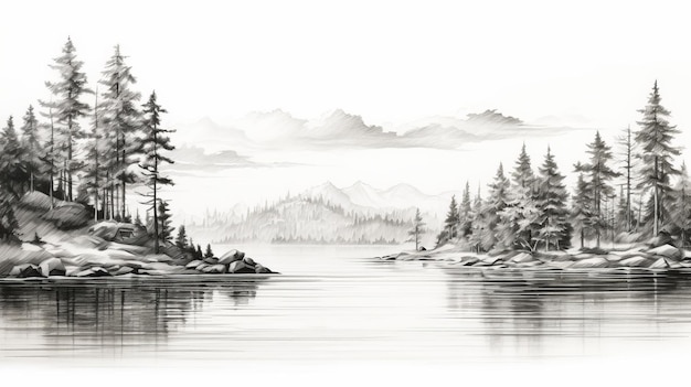 Black And White Ink Wash Drawing Of Pine Trees By Water