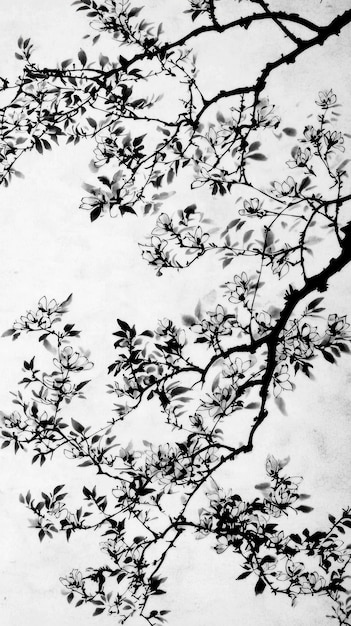 Black and White Ink Wash Painting of a Branch with Flowers