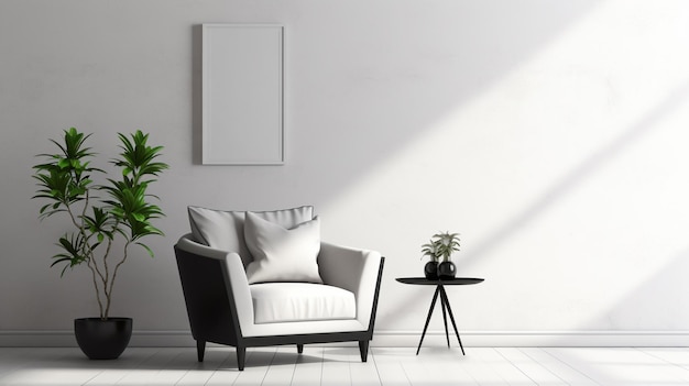 black and white interior in sunlight with armchair grey wall and green plants