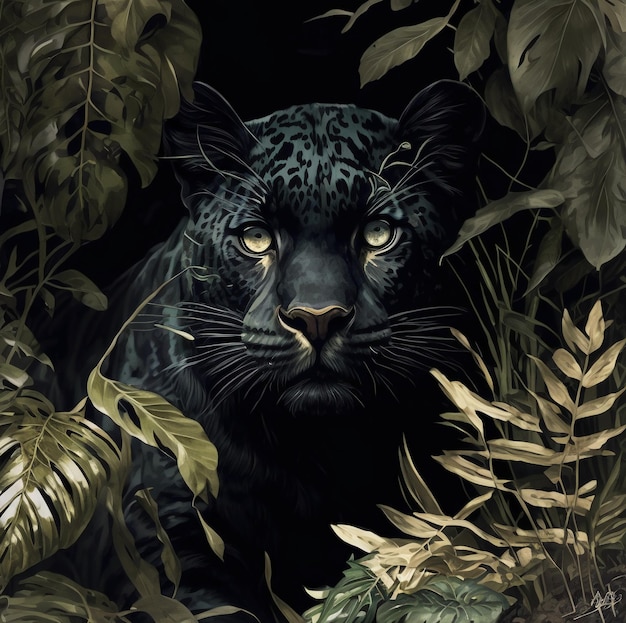 A black and white jaguar is in the jungle with green leaves.