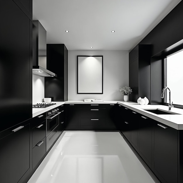 Photo a black and white kitchen with a sink and a window