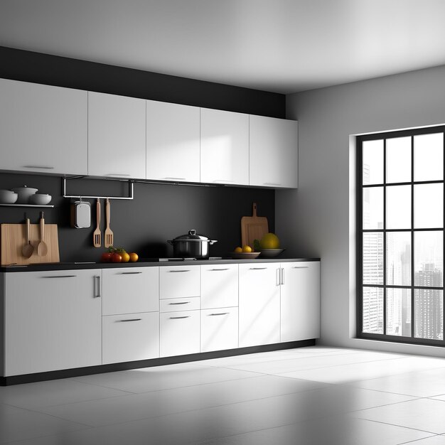 a black and white kitchen with a window and a pane of fruit on the counter