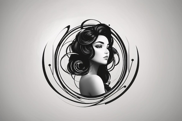 Black and white lady woman flat illustration in circle logo portrait with flower botanical element