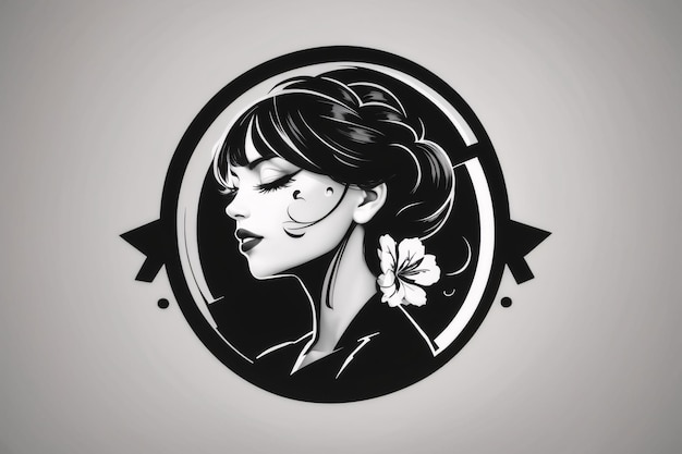 Black and white lady woman flat illustration in circle logo portrait with flower botanical element