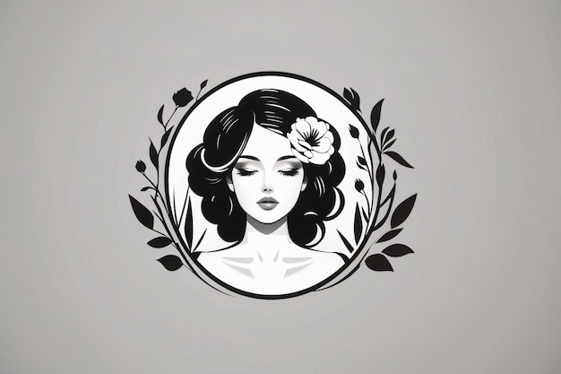 Black and white lady woman flat illustration in circle logo portrait with flower botanical element