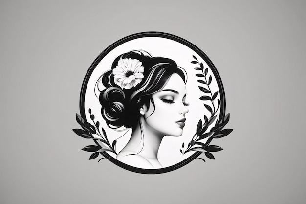 Black and white lady woman flat illustration in circle logo portrait with flower botanical element