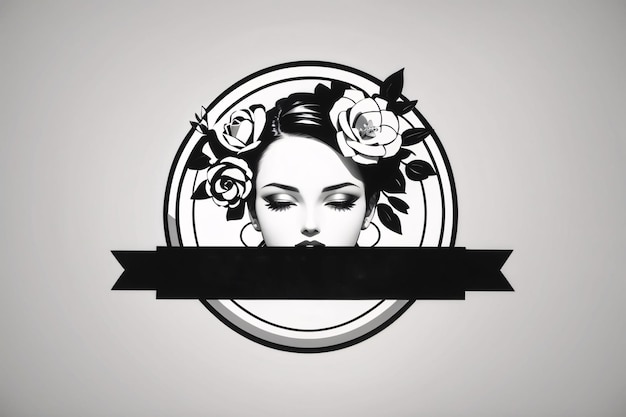 Black and white lady woman flat illustration in circle logo portrait with flower botanical element