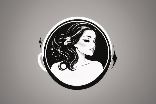 Black and white lady woman flat illustration in circle logo portrait with flower botanical element