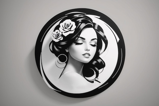 Black and white lady woman flat illustration in circle logo portrait with flower botanical element