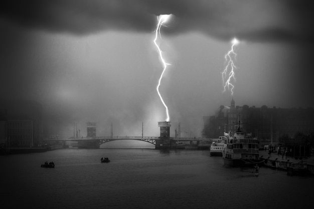 Black and white landscape with lightning