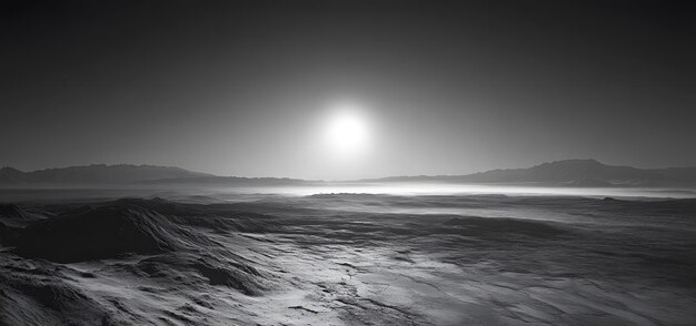 Photo black and white landscape with a single bright sun in the sky