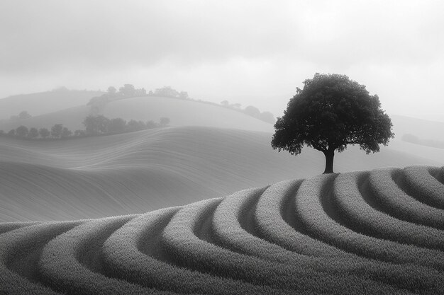 Photo a black and white a landscape with a tree and hills in the background