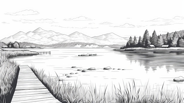 Black And White Line Art Graphic Of A Far At Lake George