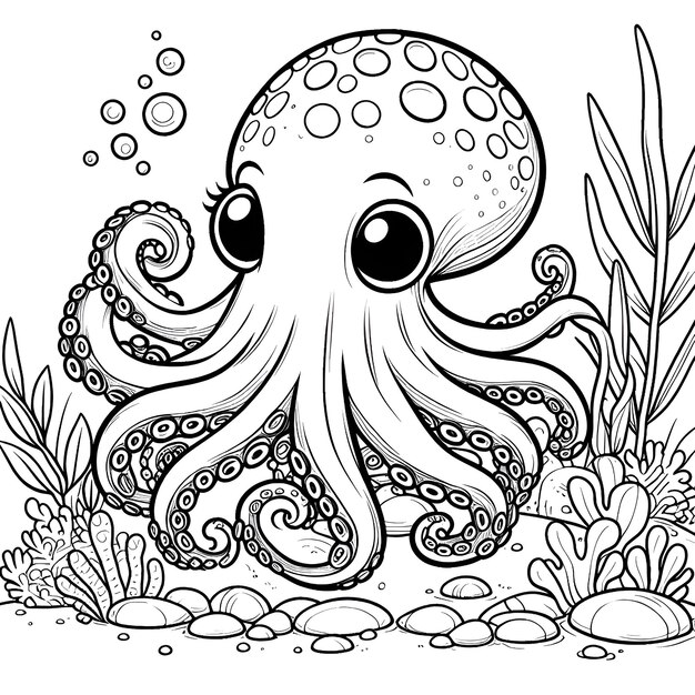 Photo a black and white line art illustration depicts a cartoon octopus in an underwater setting the back