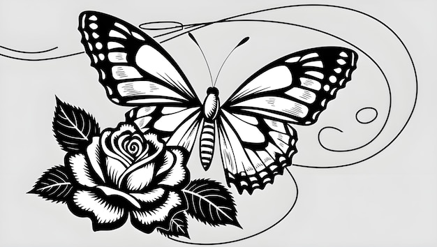 Black and white line art illustration featuring a butterfly and a rose