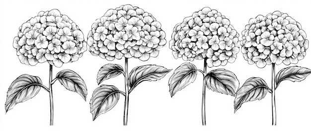 Photo a black and white line art illustration of hydrangea flowers suitable for coloring books and artistic projects for children