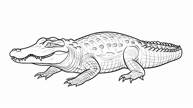 Photo black and white line drawing of an alligator with an open mouth