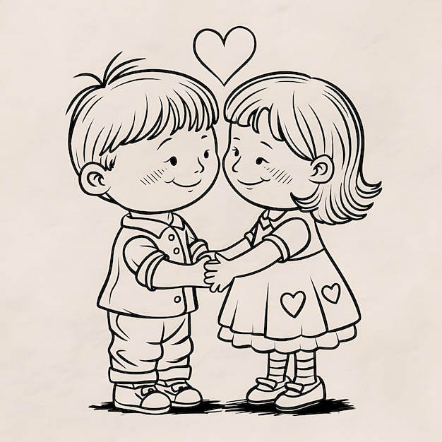 Photo a black and white line drawing of a cute cartoon boy and girl holding hands