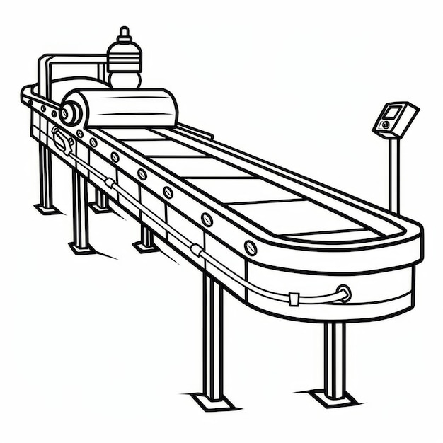 Black and white line drawing of an industrial conveyor belt used in manufacturing or processing industries