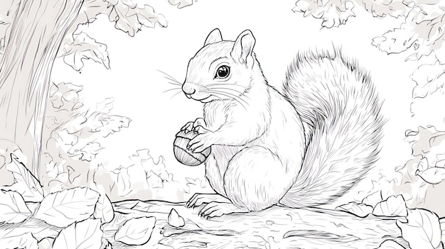 A Black and White Line Drawing of a Squirrel Holding an Acorn in a Forest Setting