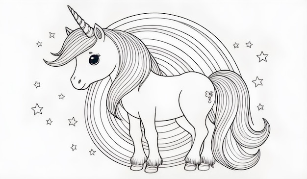 Photo black and white line drawing of a unicorn