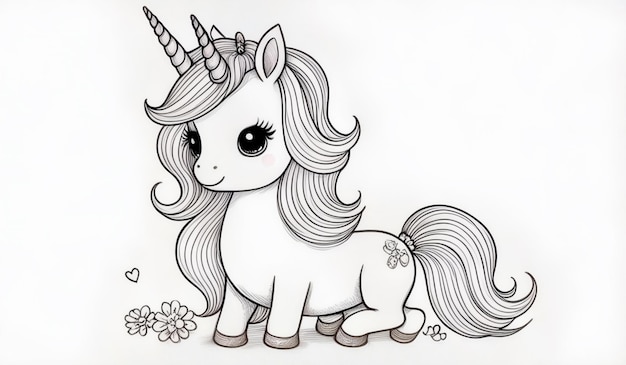 Photo black and white line drawing of a unicorn