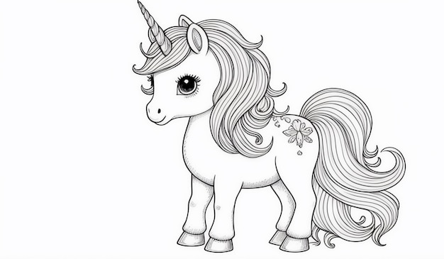 Photo black and white line drawing of a unicorn