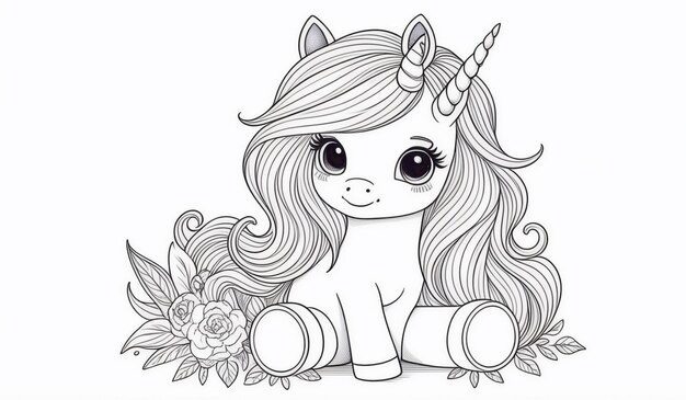 Photo black and white line drawing of a unicorn