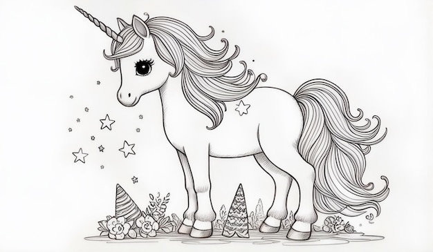 Photo black and white line drawing of a unicorn