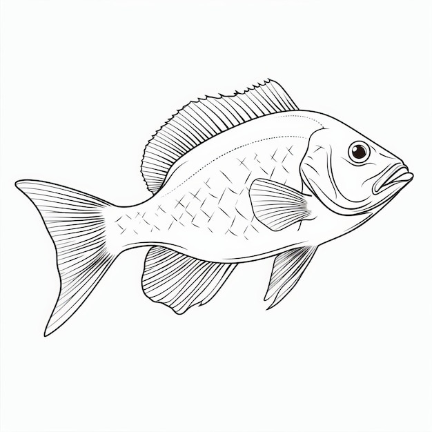 Photo black and white linear illustration of a fish with flat shading