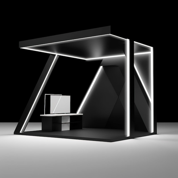 A black and white lit up structure with a desk and a computer on it.