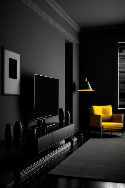 black and white living room with luxury blue chair and sofa