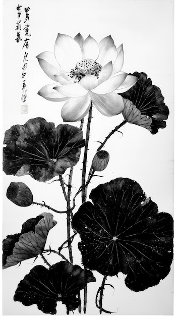 Black and White Lotus Flower Painting