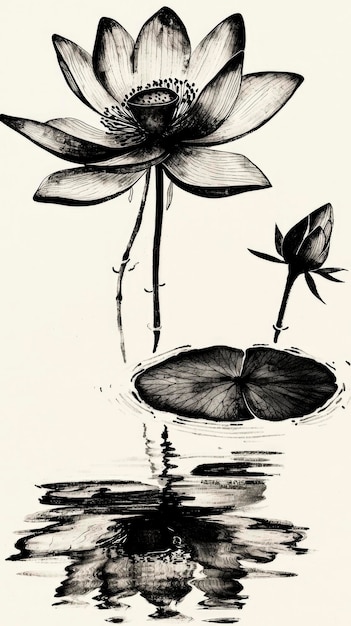 Photo black and white lotus flower in water reflection