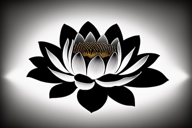 A black and white lotus flower with gold details.