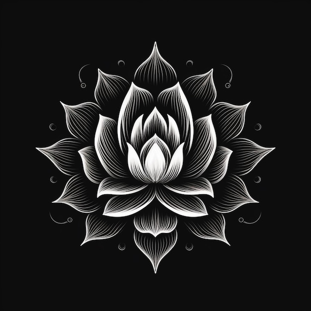 a black and white lotus flower with swirls on a black background generative ai