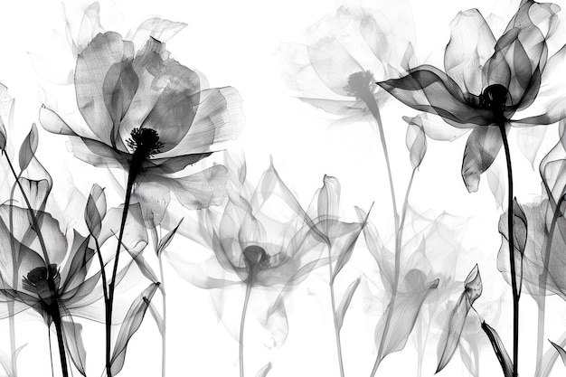 Black and white luxury watercolor art background with transparent xray flowers