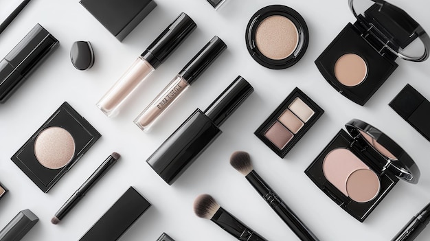 Black and White Makeup Products on a White Surface