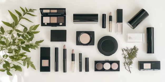 Photo black and white makeup products with green foliage on white surface